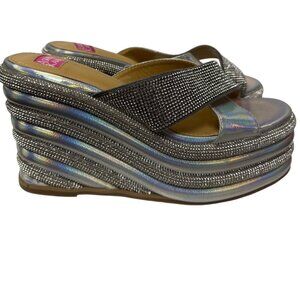 Ashley Kahen Carnival Sandal Wedge Platform Silver Metallic Tubular Size 9 NEW